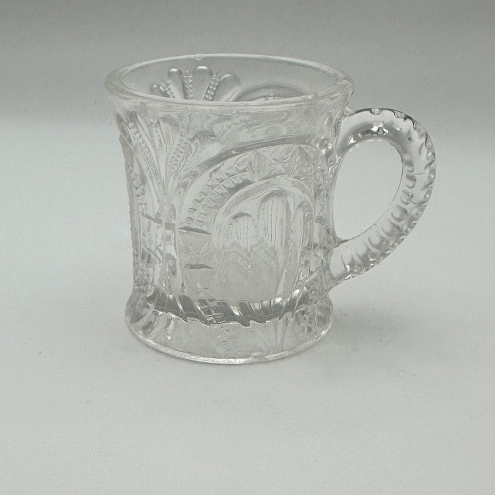 EAPG Vintage Clear Pressed Glass Cup with Ornate Handle and Arched Pattern